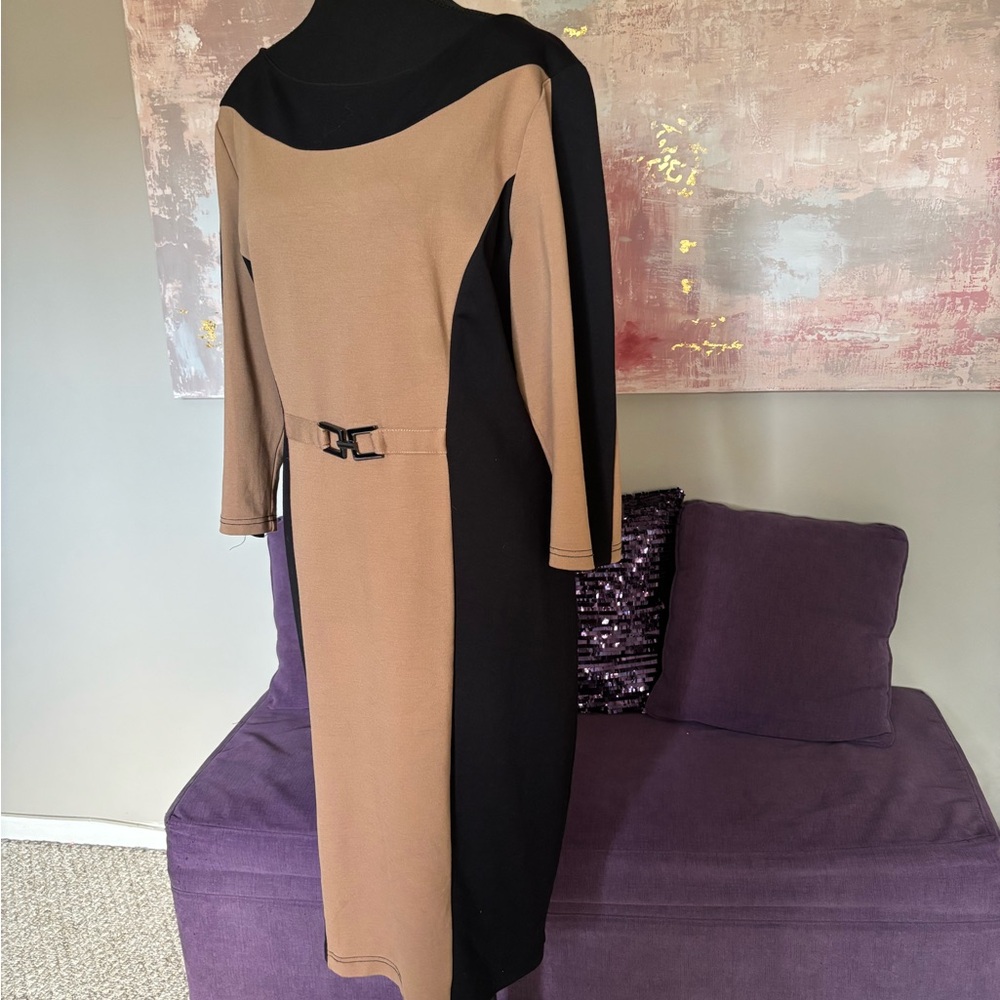 Beige and Black Sheath Dress with Decorative Buckle - Picture 6 of 12